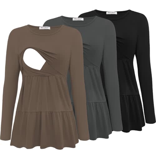 Bearsland Women’s Nursing Top 3pack Long Sleeve Scoop Neck Breastfeeding Shirts Nursing Shirt