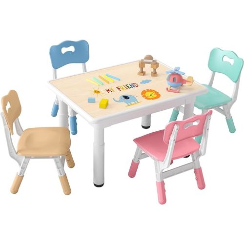 Kids Table and 4 Chairs Set, Height-Adjustable Toddler Table and Chairs with Graffiti Desktop, 31.5''L x 23.6''W Children Activity Table for Daycare, Classroom, Home