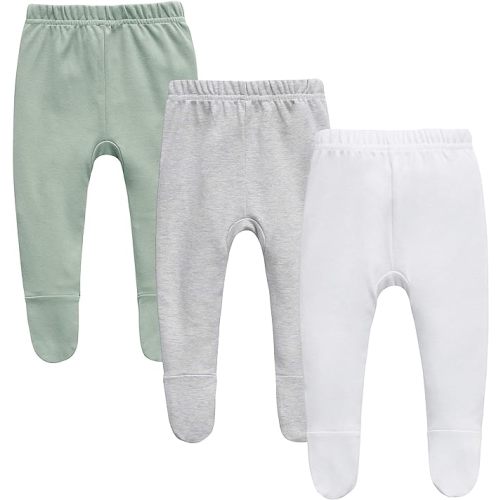 O2 BABY Organic Cotton Unisex Baby Pull-on Jogger Pants, Toddler Leggings, 3-Pack Crawling Pants 0-24 Months - Grey/White/Green - Newborn