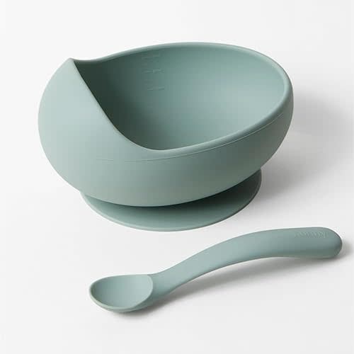 Konny Baby Bowl Microwaveable Silicone & Spoon Set, Self Feeding Essentials Baby Led Weaning Supplies -Sage
