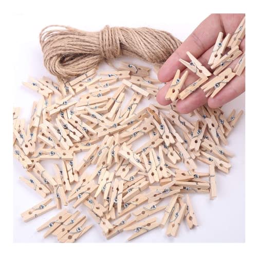 Mini Clothes Pins for Photo, Small Clothespins 200 pcs 1" Natural Wooden Clothespins with Jute Twine, Mini Photo Clips,Small Clothes Pins for Photos, Crafts, Arts, Cocktails