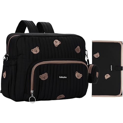 GOBABYMART Diaper Bag Backpack, Medium Maternity baby bag & Changing Pad, Insulated Pockets, Stroller Straps & Pacifier Case (Medium - Black Bears)