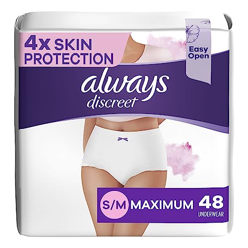 Always Discreet Adult Incontinence & Postpartum Underwear for Women, for Sensitive Skin, Size S/M, Maximum Plus Absorbency, Fragrance-Free, Disposable, 48 Count