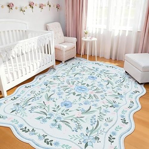 Scalloped Blue Floral Rug 6x9, Washable Soft Faux Wool Area Rug for Living Room, Cute Boho Non-Slip Carpet for Kids Room, Nursery, Bedroom or Office