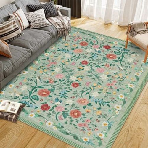 Fulvari Area Rugs Washable Rug Vintage Soft Boho Floral Non-Slip Carpet Indoor Thin Carpets for Dining Room Nursery Home Office Green 6x9