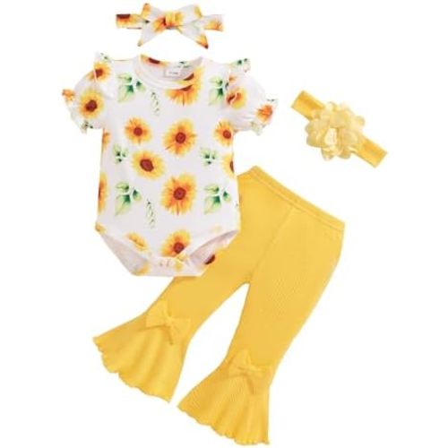 Vibebox Baby Girl Clothes Newborn Preemie Summer Outfits Short Sleeve Ruffle Romper Tops Bell Bottoms Pant Sets with Headband
