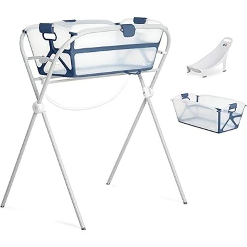 Evolur Juego de spa flexible para bebés con bañera infantil, asiento de soporte de hamaca y marco de metal, bañera para recién nacidos de 0 a 12 meses, juego completo de regalo esencial para el