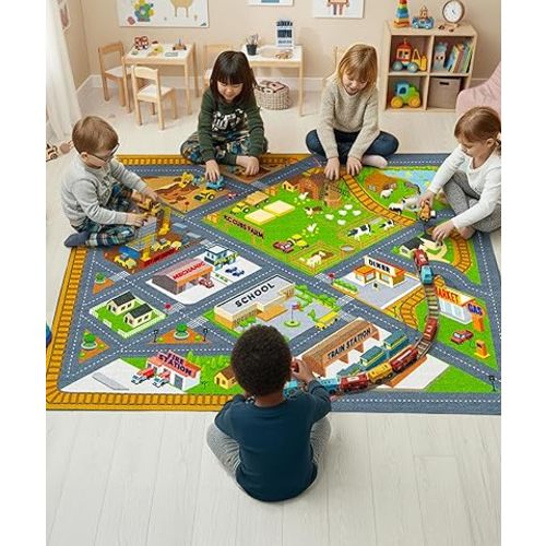 KC Cubs 5x7 Country Farm Construction Car Road Street Rug – Educational Carpet Play Mat for Kids, Toddlers, Nursery, Classroom, Playroom, Baby Daycare