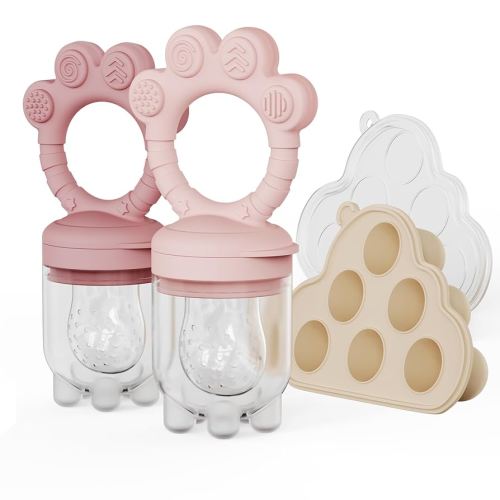 2 Pack Baby Fruit Food Feeder+Breastmilk Popsicle Molds,Baby Teethers,BPA Free,2mm Fine Holes to Prevent Choking,Perfect for Teething Relief & Infant Solid Food Introduction,3M+（Mauve Pink, Soft Pink）