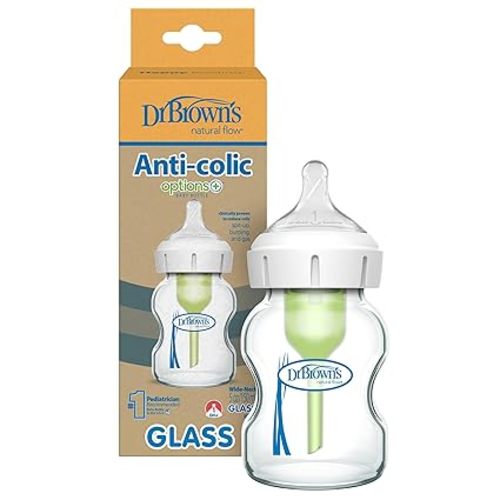 Dr. Brown's Natural Flow Anti-Colic Options+ Wide-Neck Glass Baby Bottle 5 oz/150 mL, with Level 1 Slow Flow Nipple, 1 Pack, 0m+