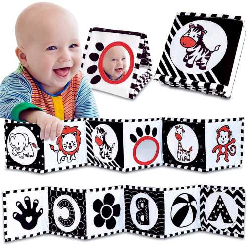 New High Contrast Baby Book & Mirror | Montessori Tummy Time Toys | Black White Sensory Book for Newborn Development 0-12 Months