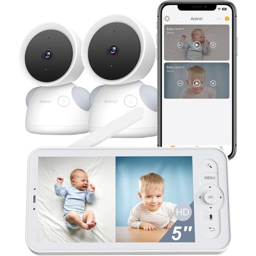 ARENTI Baby Monitor with 2 Cameras, 2K/3MP WiFi 6 Camera and Audio, 5-inch Wireless Screen, Smartphone App, Super Night Vision, Crying Detection, Auto Tracking, Temp&Humidity Sensor (D3 Set)