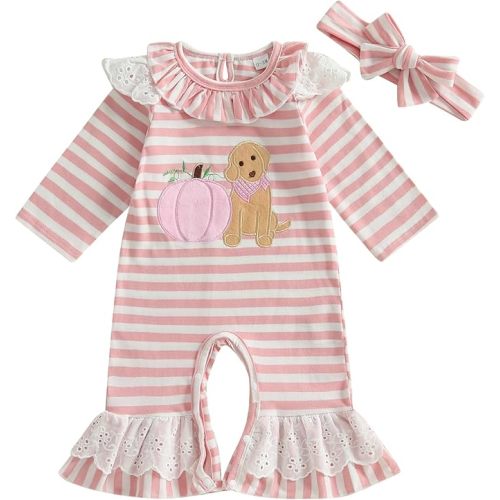 SAYOO Newborn Baby Girl Halloween Outfit Cotton Pumpkin Face Thankful Turkey Jumpsuit Romper Tiered Ruffle Flare Overalls