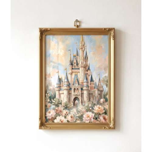 Princess Castle Nursery Wall Art, Fairytale Castle Print, Girls Room Decor, Pink Blue Castle Poster, Whimsical Nursery Decor,Girl Room Print