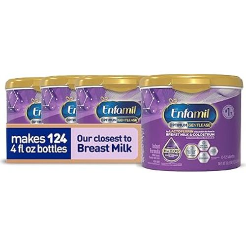 Enfamil Optimum Gentlease Baby Formula, Our Closest Formula to Breast Milk For Fussiness, Crying, Gas & Spit-up, Immune-Supporting Lactoferrin also found in Breast Milk, 19.5 Oz, Pack of 4