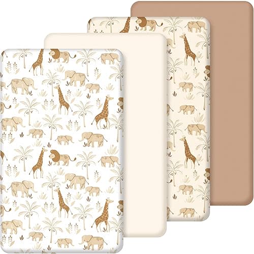 SmoothNovelty 4 Pack Safari Jungle Animals Crib Fitted Sheet for Boys Girls - 52" x 28" Neutral Baby Sheet with Lion and Giraffe for Standard Mattress Gift Set, Microfiber & Soft Breathable (Beige)