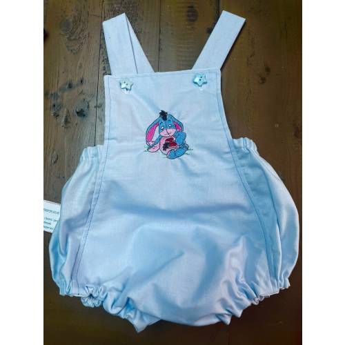 Eeyore romper suit in blue.  Handmade to order newborn - 24m - personalised.  From Winnie the Pooh.