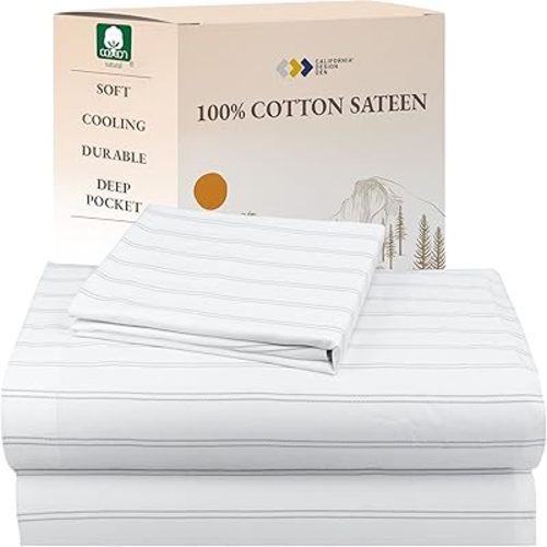 California Design Den Stripe Twin Sheets Set, 100% Cotton 12" Pocket Twin Size Sheets & Pillowcase Set. Soft Sateen Weave - Classic Stripe