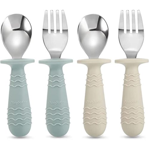 PandaEar 4 Set Baby Toddler Silicone Stainless Steel Utensils Silverware Spoon Fork for Baby Toddler BPA Free with Silicone Holding Anti-Choke Design