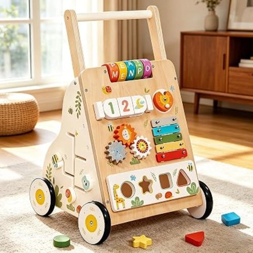 Wooden Baby Walker with Wheels, Baby Push Walker Adjustable Speed for Boys and Girls,Montessori Activity Center Walking Toys for 1 Year Old Learning to Walk,First Birthday Gift