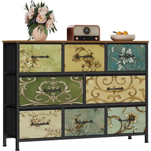 8 Drawer Dresser for Bedroom, Wide Vintage Fabric Chest of Drawers