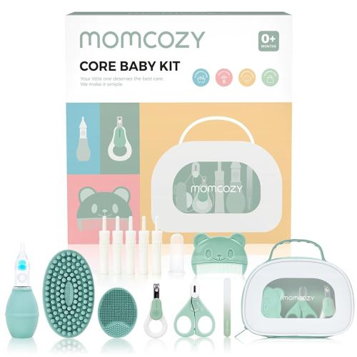 Momcozy Core Baby Kit, Baby Shower & Registry Essential Kit for Grooming&Health&Cleansing Care, Includes Nail File Kits, Nasal Aspirator, Gas Relief Tubes, Bath Brushes, Toothbrush, Comb, Storage Case