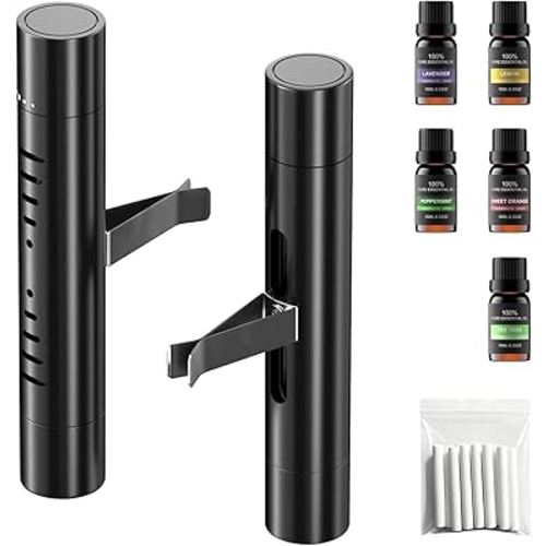 2Pcs Car Air Freshener Vent Clips, Car Diffuser Essential Oils Kit with 5 Different Essential Oils (0.34oz Each) & 12 Refill Sticks, long lasting Cars fragrance for House
