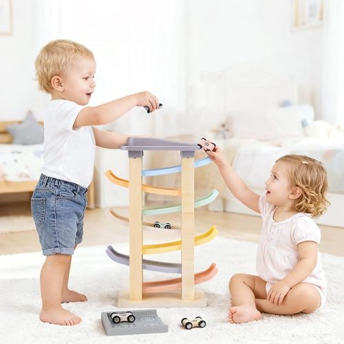 Joyreal Montessori Toddler Toys for 1 2 3 Year Old - 7 Level Wooden Car Ramp Racer Toys with 8 Mini Cars & 2 Garages - Christmas Birthday Gifts for 1-2 Year Old Boys and Girls