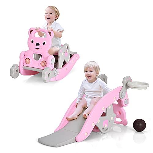 Costzon 5 in 1 Toddler Slide Rocking Toy, Slide for Kids with Detachable Stool, Basketball Hoop and Ring Game, Foldable Climber Playground Slide for Both Indoors Outdoor Use (Pink Bear)