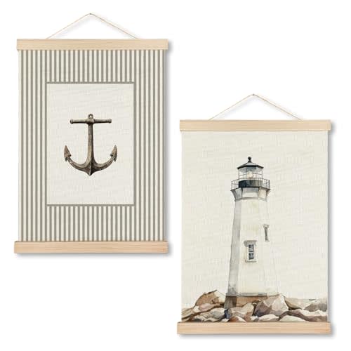MHJFERGV Neutral Vintage Coastal Nautical Wall Art Poster, Ocean Beach Lighthouse Anchor Canvas Wall Decor for Nursery Kids Room Bedroom Home, 12x16 Inches Set of 2