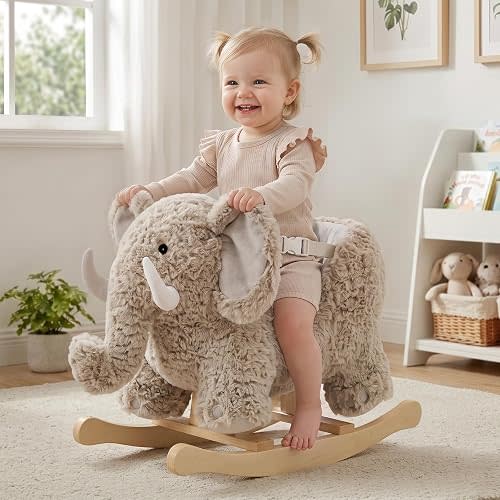 labebe Baby Rocking Horse,Woolly Plush Mammoth Rocker with Belt,