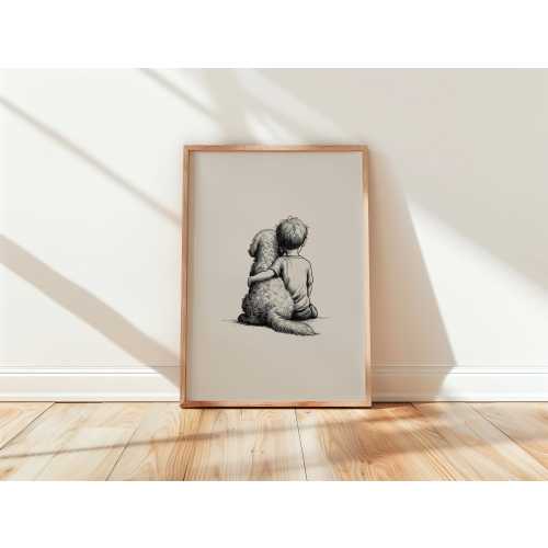 Goldendoodle Puppy & Boy Art Print | Cozy Nursery Decor