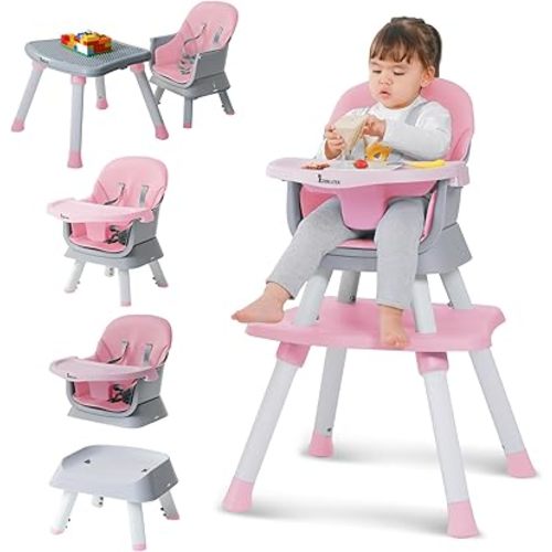 Baby High Chair,8 in 1 High Chairs for Babies and Toddlers,Convertible High Chair for Baby, Kids Learning Table,Building Block Table,Kids Stool Table Chair Set with Removable Tray(Pink)