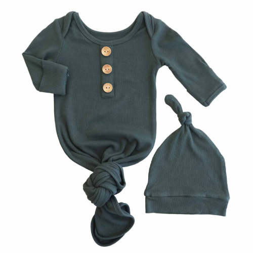 Forest Green Ribbed Bamboo Baby Knot Gown & Hat