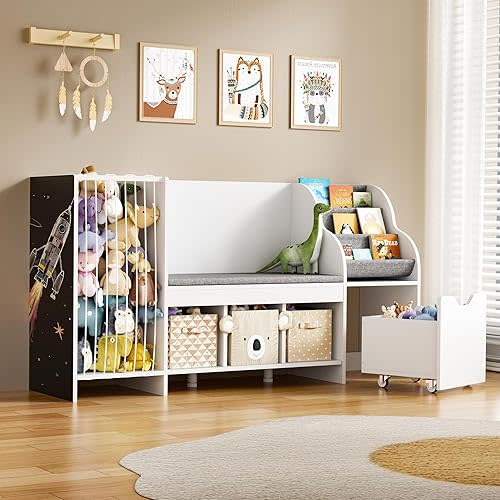 DTK Kids Reading Nook with Bench,Toy Storage Organizer with Stuffed Animals Holder,Kids Bookshelf with Seat Cushion,3 Storage Cubbies and Toy Storage Box on Wheels for Playroom,Bedroom,Nursery,White