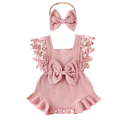 Hirigin Infant Baby Girl Summer Romper 3 6 12 18 Months Lace Sleeve Ruffle Bow Ribbed Romper Jumpsuit Bodysuit with Headband