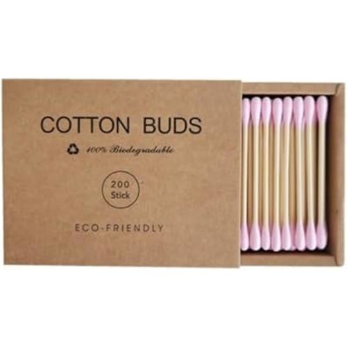 Pink Cotton Swabs 200pcs Natural Cotton Buds Biodegradable Organic Double Tips for Ear Wax Removal (200PCs,Pink)