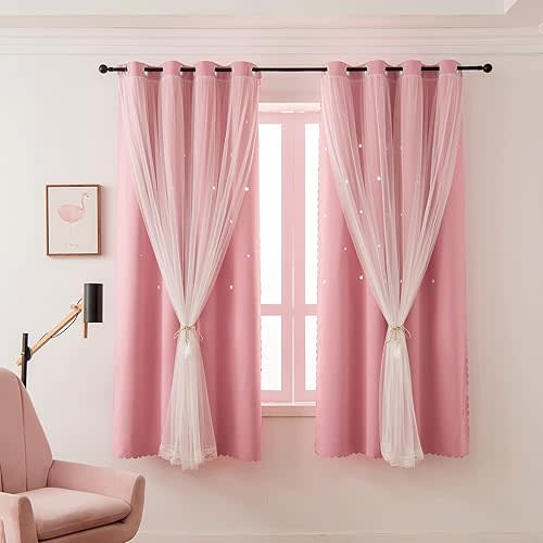 Girls Curtains for Living Room Bedroom Curtains Double Layer Blackout Curtains 63 Inch Length Star Cutout Pink Curtain Window Drapes for Nursery (Pink, 42W x 63L,2 Panels)