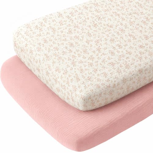 2 Pack Muslin Bassinet Sheets for Girl - 17” x 32” | Bassinet Fitted Sheets for Hourglass, Oval, and Rectangle Mattress - Soft Breathable Cotton Baby Sheets - Dusty Pink & Floral