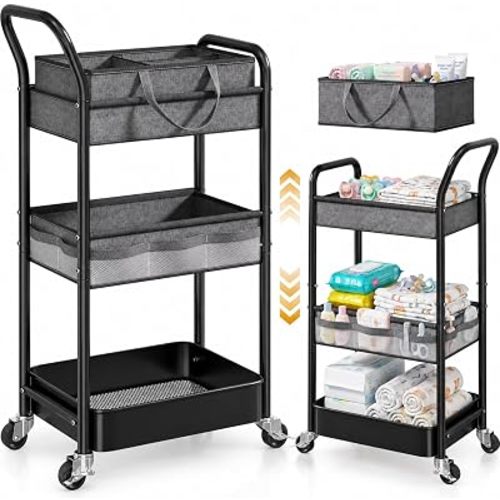 2-IN-1 Baby Diaper Caddy Cart with Adjustable Shelf and Detachable Dividers