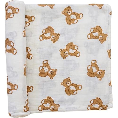 Mebie Baby Teddy Bear Muslin Swaddle, Modern and Neutral Blanket for Baby Girl or Boy, 0-3 Month, Comfy Wrap