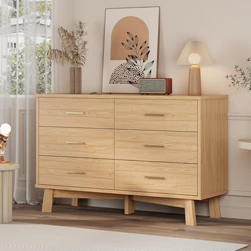 Xixini Dresser for Bedroom, 6 Drawer Wide Modern Chest of Drawers with X-Shaped Sturdy Base, Wood Double Dresser Closet Clothes Storage Organizer, Wooden TV Stand for Living Room, Hallway, Oak