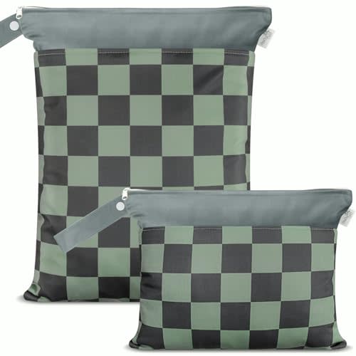 Cloth Diaper Wet Bags – Waterproof & Reusable Bag with 2 Zippered Pockets, 100% Polyester with Handle, Perfect for Stroller, Travel, Baby Essentials & Breast Pump Storage (Green Check-2pk)