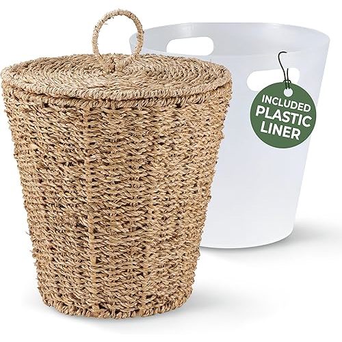 3 Gallons Seagrass Waste Basket with Lid and Liner - Wicker Trash Can