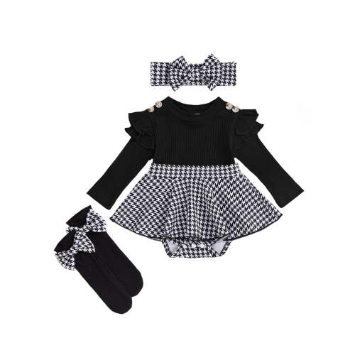 Loicainy Baby Girl Houndstooth 3-Piece Outfit 3 6 12 18M Comfortable Ribbed Ruffled Sleeves Headband Socks Set