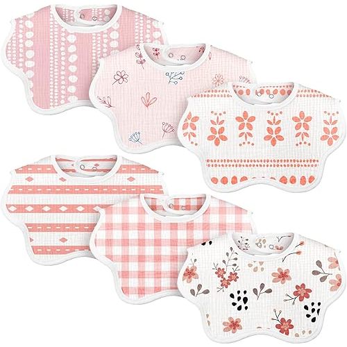6 Pack Baby Muslin Bibs for Girls Boys Adjustable 100% Cotton Soft for Drooling and Teething Organic Lap-Shoulder