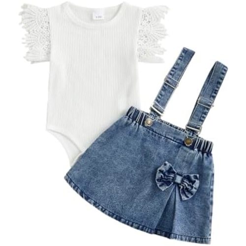 Infant Girl Denim Outfit Lace Trim Fly Sleeve Ribbed Romper and Suspender Skirts Set Newborn Baby 2Pcs Summer Clothes