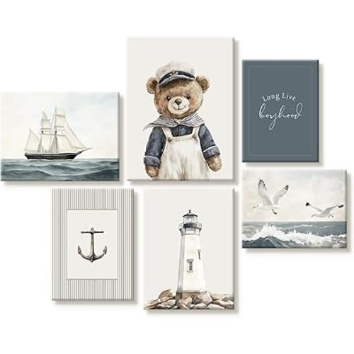Teddy Bear Nursery Wall Art Baby Boys Room Canvas Poster Vintage Nursery Wall Decor Kids Room Coastal Prints Sailor Bear Pictures Nautical Sailboat Painting Artwork for Bedroom 8x10 Inch Ready to Hang