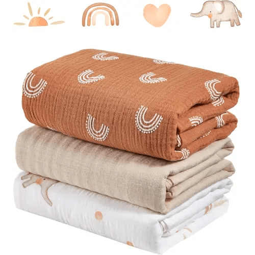 3-Pack 100% Cotton Muslin Swaddle Blankets, Large 47 x 47 Inches — Breathable Soft Receiving Blankets for Newborns, Swaddling Wraps, Registry Gift (Rainbow Elephant Safari)