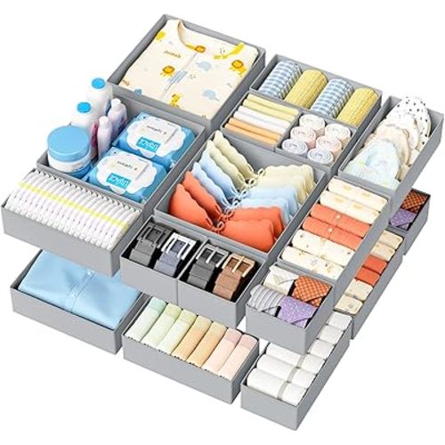 DIMJ Drawer Organizer Clothes - 18 Pack Closet Drawer Organizer Bins for Baby Clothes Storage, Fabric Dresser Organizer for Nursery Bedroom, Foldable Small Drawer Dividers for Underwear Socks